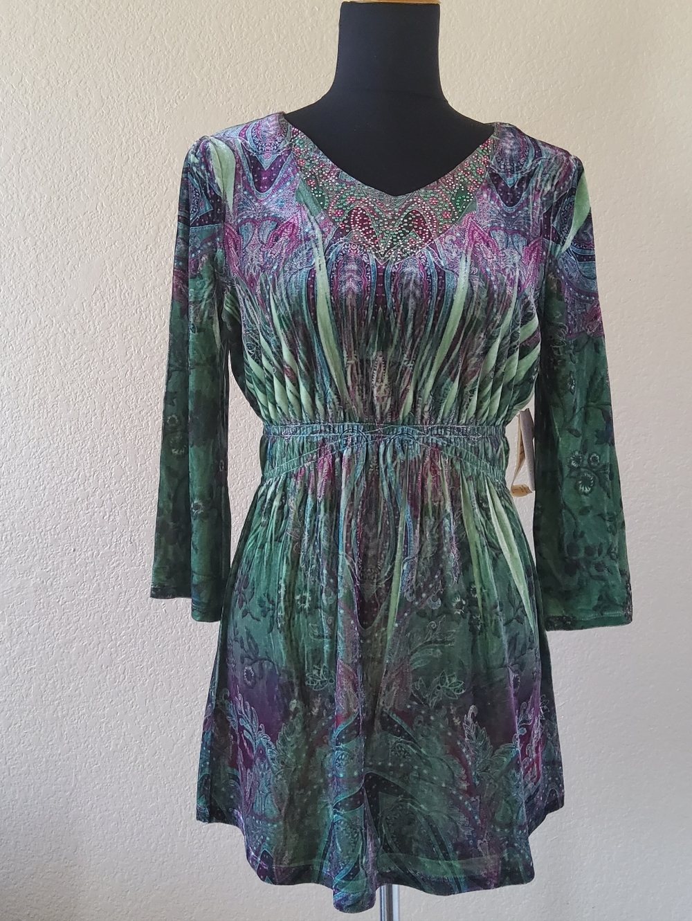 NWT One World Green Paisley Velvet Smocked Boho Tunic Top​ Size XS